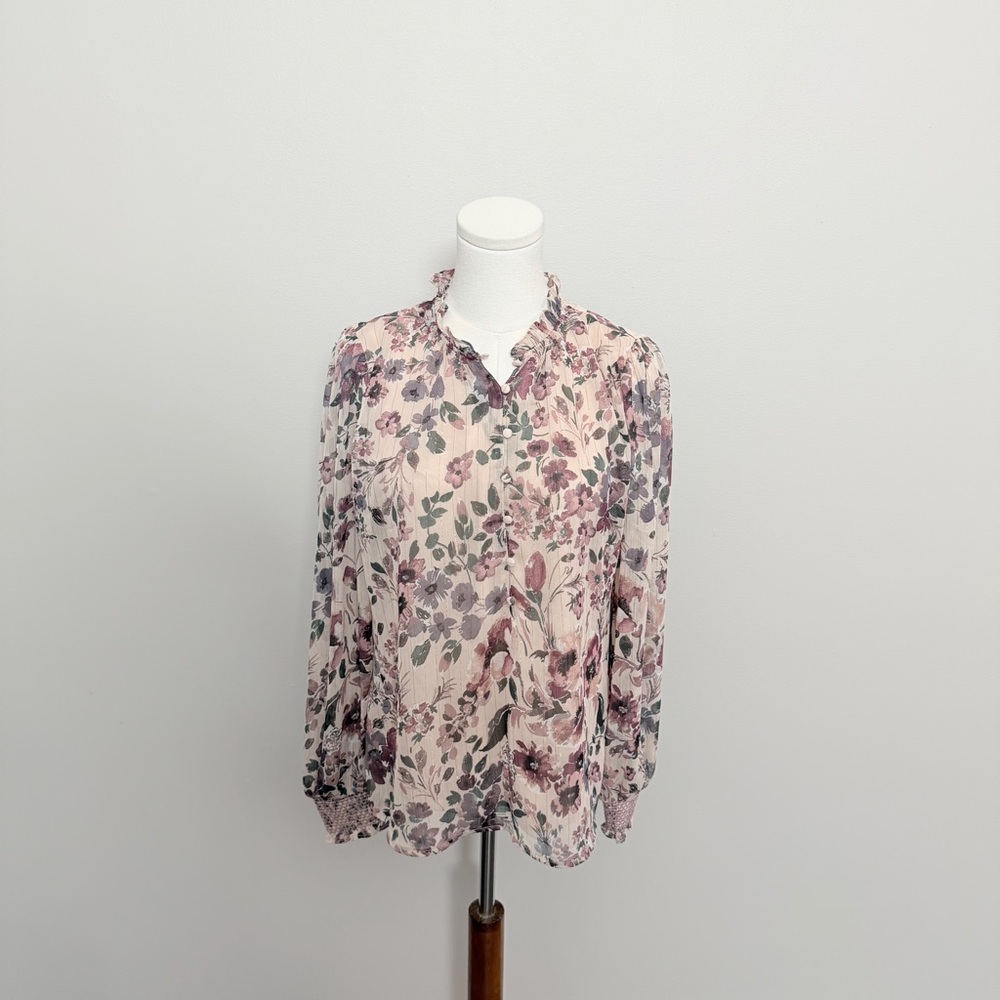 Joie Top Floral Blouse Popover Ruffle Neck Long Sleeve Sparkle Gold Pink Purple